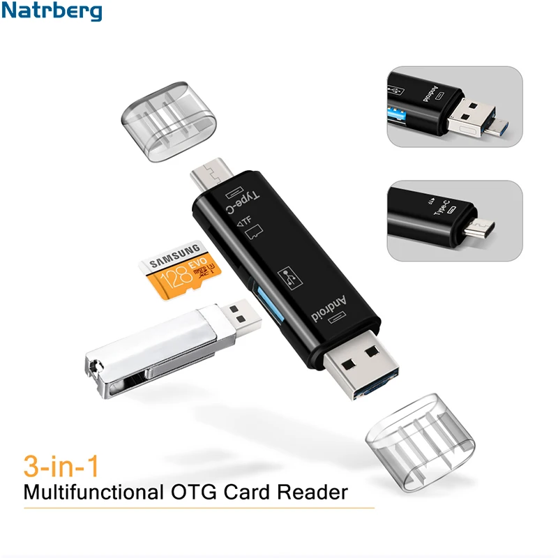 Natrberg USB палка считыватель Тип C Micro SD USB OTG карта адаптер 3 в 1 USB-C флэш-накопитель TF чтение для Android мобильного телефона ПК Mac Natrberg USB палка считыватель Тип C Micro SD USB OTG карта адаптер 3 в 1 USB-C флэш-накопитель TF чтение для Android мобильного телефона ПК Mac