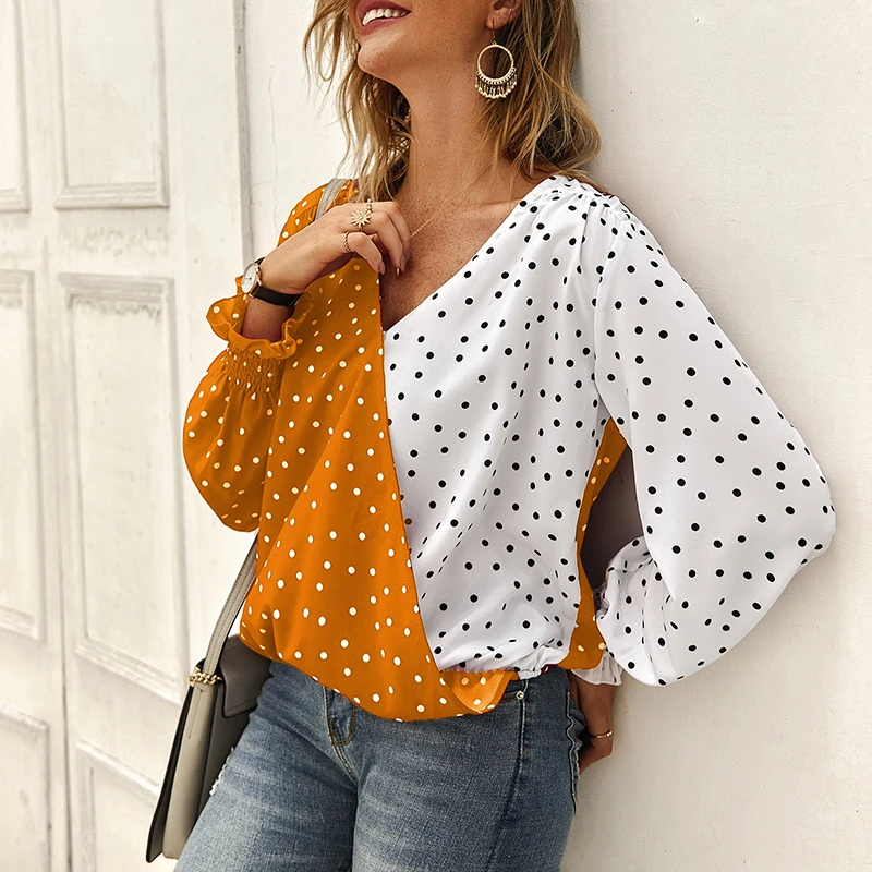 

New Lady Casual V Neck Tops Womens Polka Dot Long Sleeve Shirt Summer Three Color Casual Street Holiday Color Block Tops Blouse