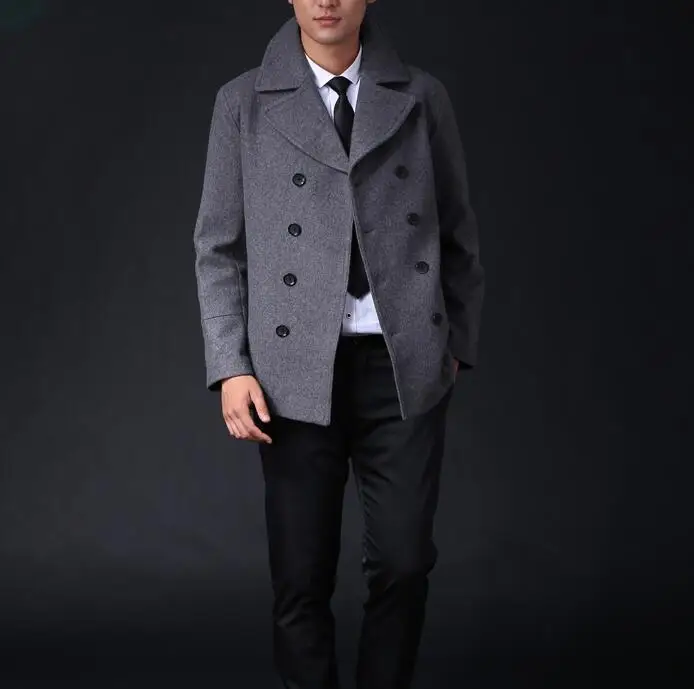 Повседневное Короткое шерстяное пальто, мужские тренчи, пальто с длинными рукавами, мужское кашемировое пальто casaco masculino inverno erkek, английское синее пальто - Color: Gray