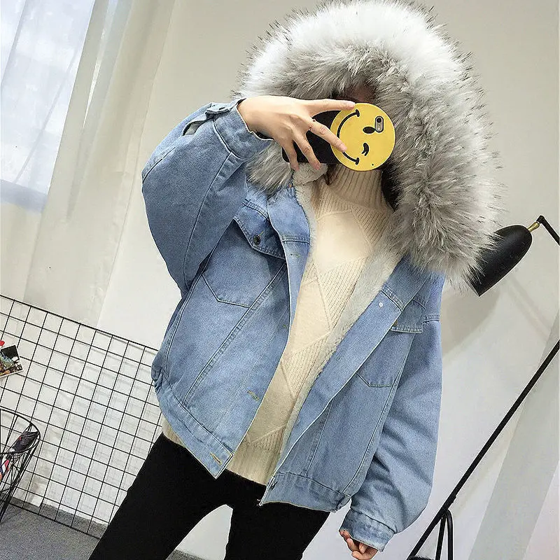 Velvet Thick Denim Jacket Big Fur Collar Short Coat | Coins Shopy