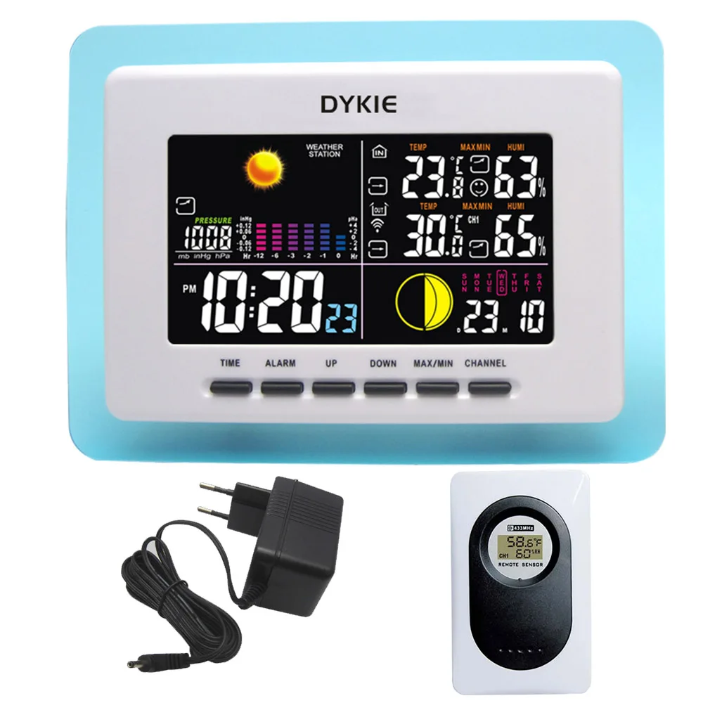 DYKIE RF RCC Беспроводная метеостанция с крытым наружным термометром, гигрометром, барометром, цифровым будильником, адаптером питания - Цвет: 1 sensor