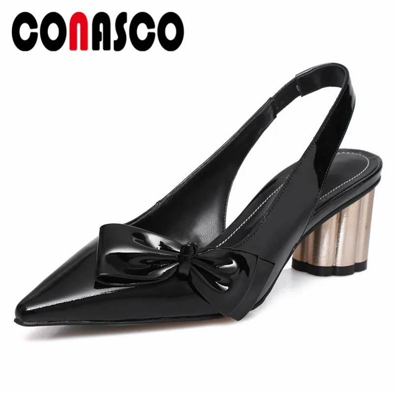 

CONASCO New Arrival Women Slingbacks Pumps Genuine Leather Sexy High Heels Shoes Woman Pointed Toe Butterfly Knot Quality Shoes