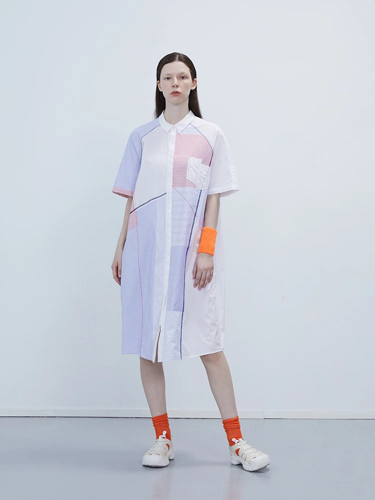 

IRINAY159 2019 ss collection casual long stripe patchwork shirt dress women