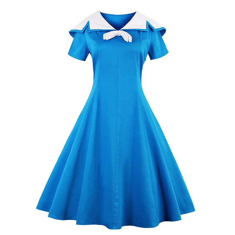 

Women Elegant A-line Dress Blue Lolita Bow Turn Down Collar Slim Short Sleeve Dress Sweat Young Girls Retro Elegant Dresses