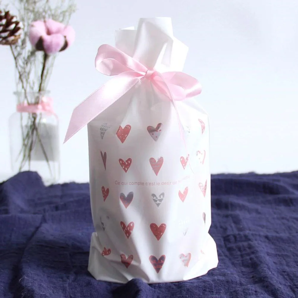 

10pcs Christmas Drawstring Bag Baking Plastic Treat Cookie Bag with Silk Ribbon for Party Festival Christmas