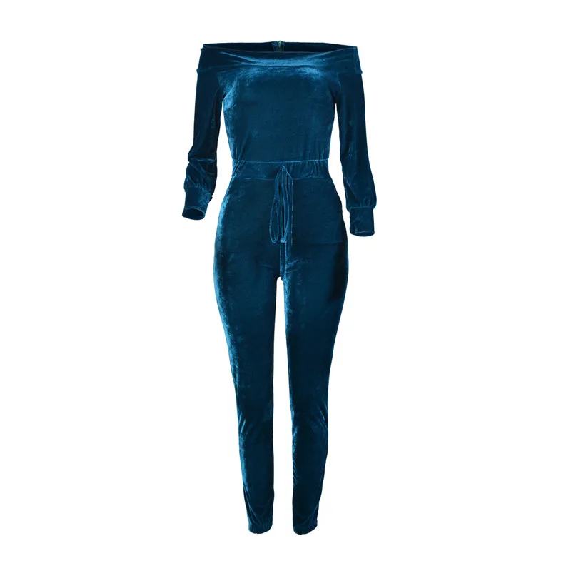 Цельный женский комбинезон осень зима длинный рукав шнурок брюки комбинезон с открытыми плечами бархатный комбинезон наряд - Цвет: Blue