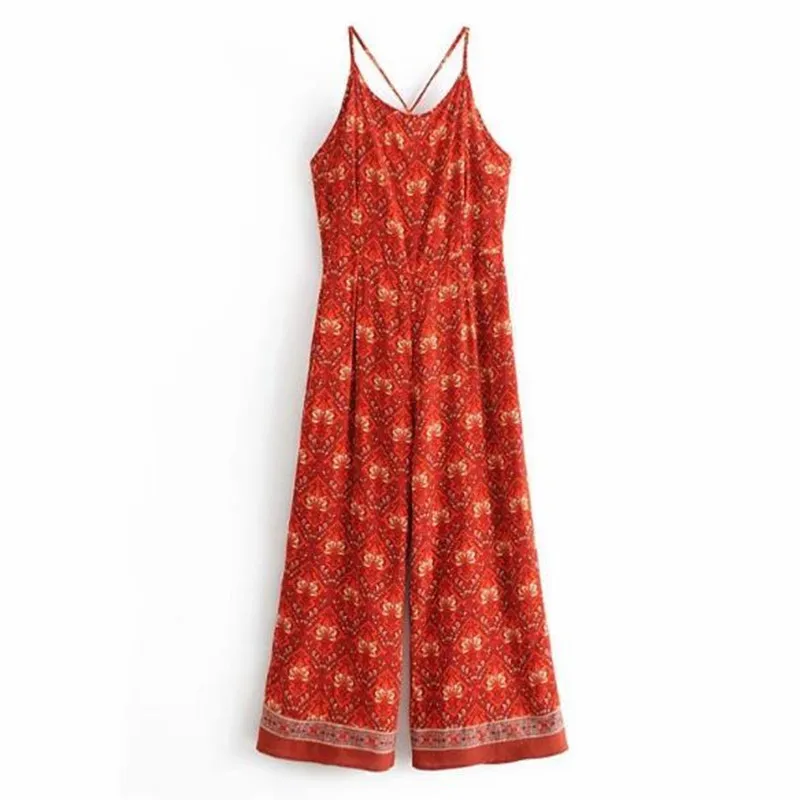 2019 Lacing up Bell Geometric Floral Print Backless Jumpsuit Sling Women Holiday Loose Pants Spaghetti Strap Romper Overalls