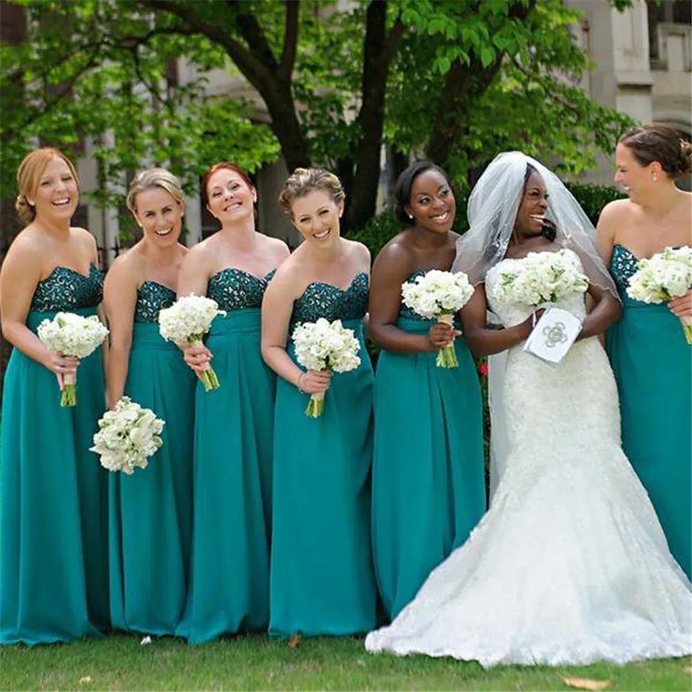 

2019 New Green Long Dresses For Bridesmaid Strapless A Line Lace Top Elastic Satin Cheap Wedding Party Gown Custom Made