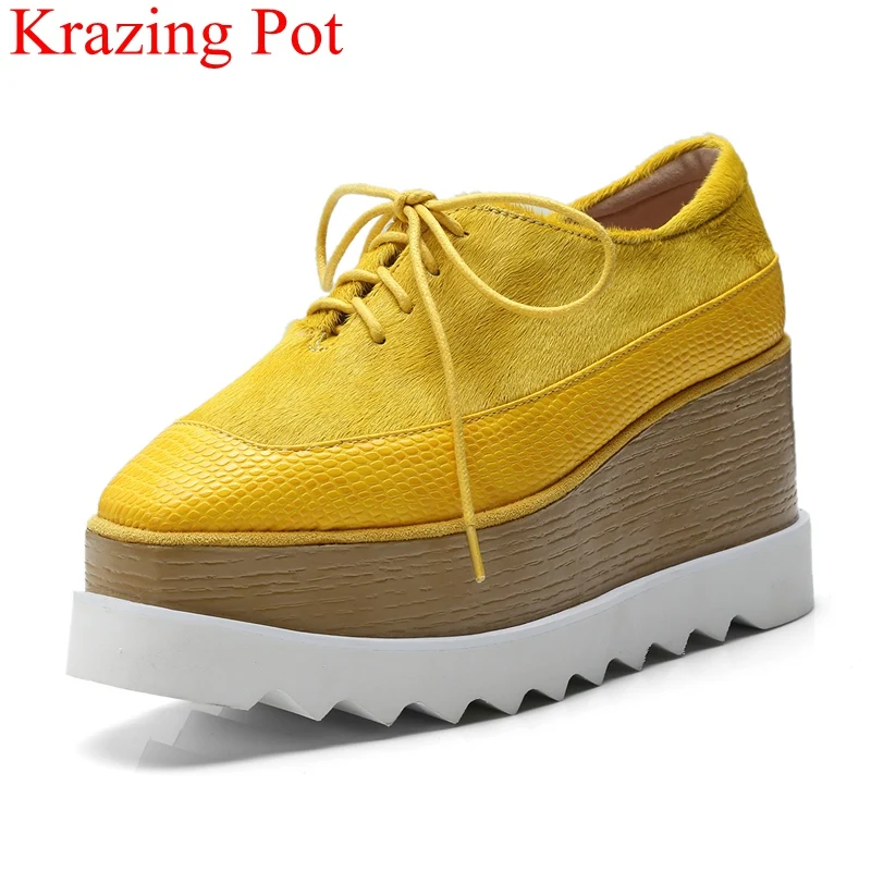 

2019 superstar horsehair platform square toe wedges women pumps lace up high heels thick bottom increased solid casual shoes L07