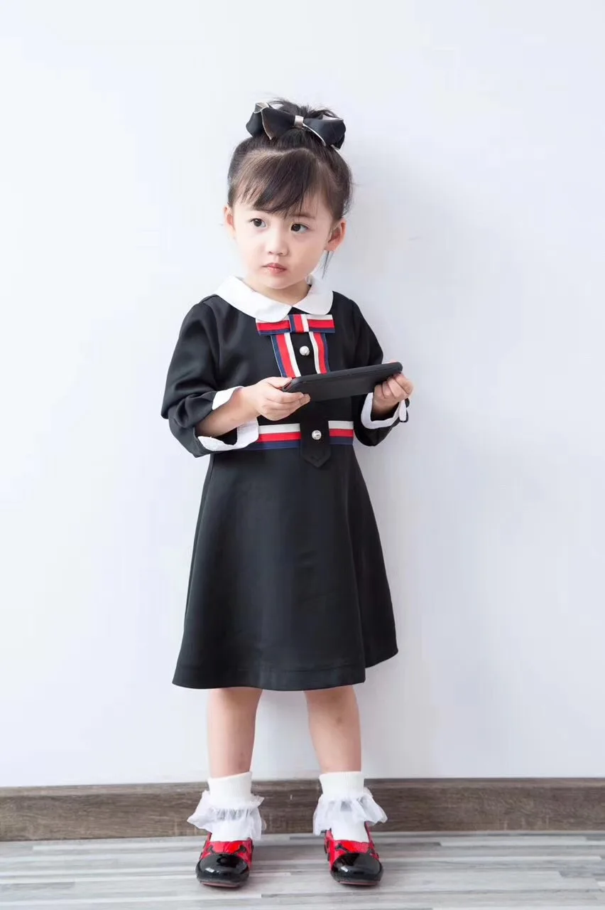 

spring dress for girl 5T or 120 height College style Bow pearl button fashion girls dress long sleeve kids lovely clothes