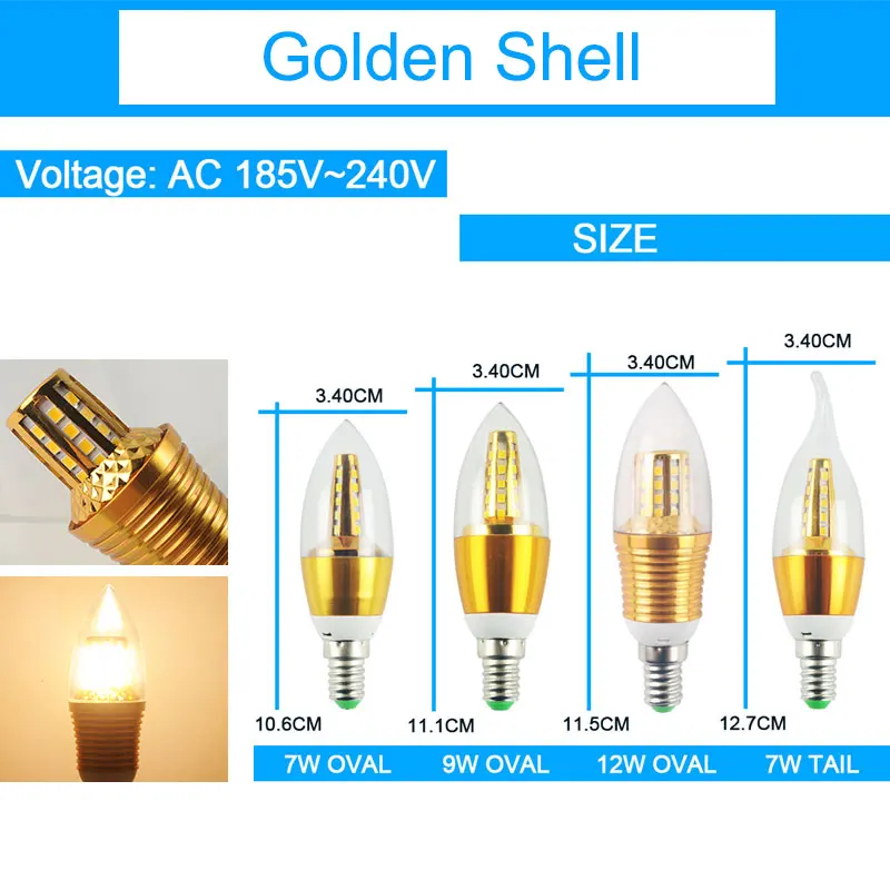 =(K) = 10 шт. светодиодный светильник E14 220 в 7 Вт 9 Вт 12 Вт золотисто-серебристый алюминиевый светильник в виде свечи для хрустальной люстры Lampara Ampoule