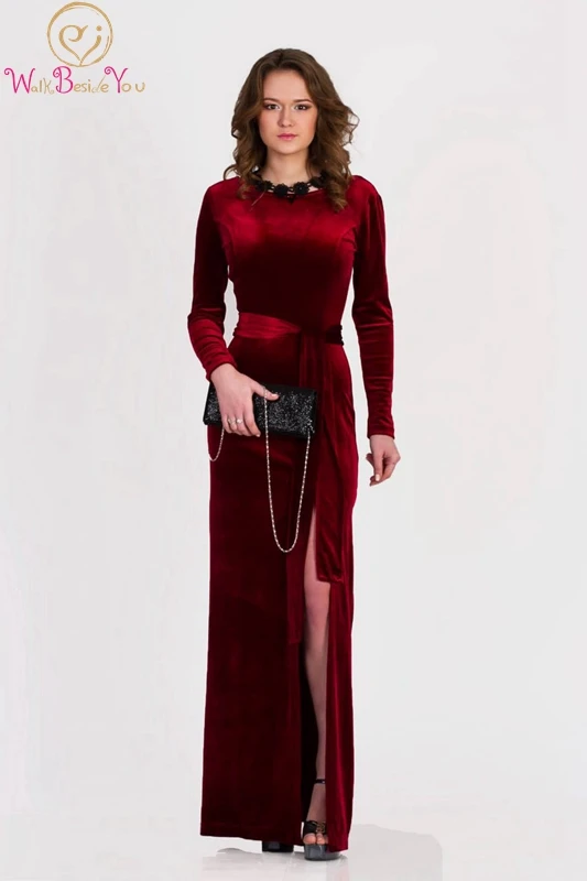 

Wine Red Mother of the Bride Gown High Slit Sexy Simple Vintage A-line Floor Length Velvet Elegant Formal Party Gown For Wedding