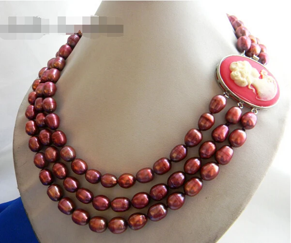 

Free shipping >>>>>3Strands 18'' 9.5mm Red Rice Freshwater Pearl Necklace