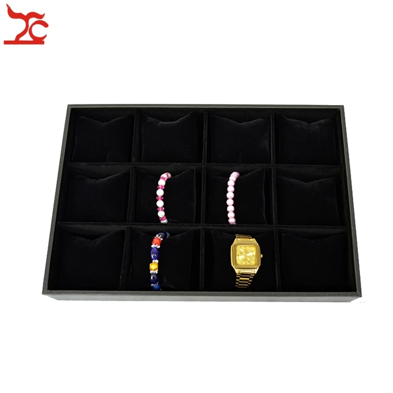 Free Shipping 2Pcs/Lot Black Velvet 12Cells Jewelry Display Case Black Velvet Watch Bracelet Pillow Tray 35*24*5cm