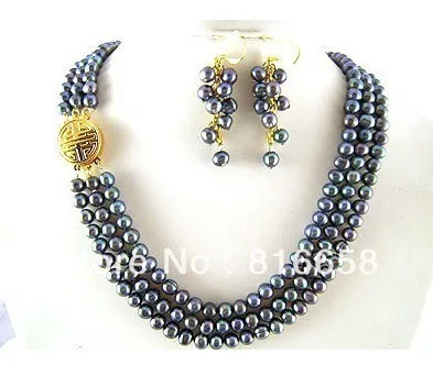 

Hot sell Noble- hot Free shipping@@MULTI STRAND BLACK GENUINE PEARL NECKLACE + EARRINGS set (A0423)