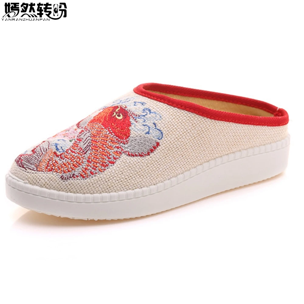 

Women Slippers Canvas Linen Soft Red Fish Embroidered Comfort Ladies Summer Walking Cotton Platform Slides Shoes Plus Size 43