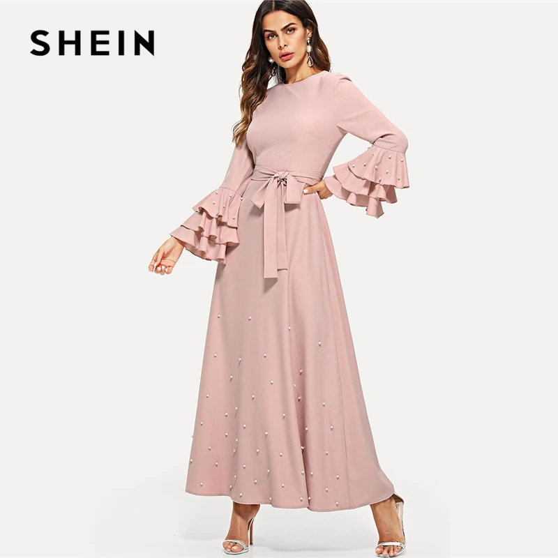 SHEIN Pink Elegant Minimalist Pearl Embellished Layered Ruffle Trim ...