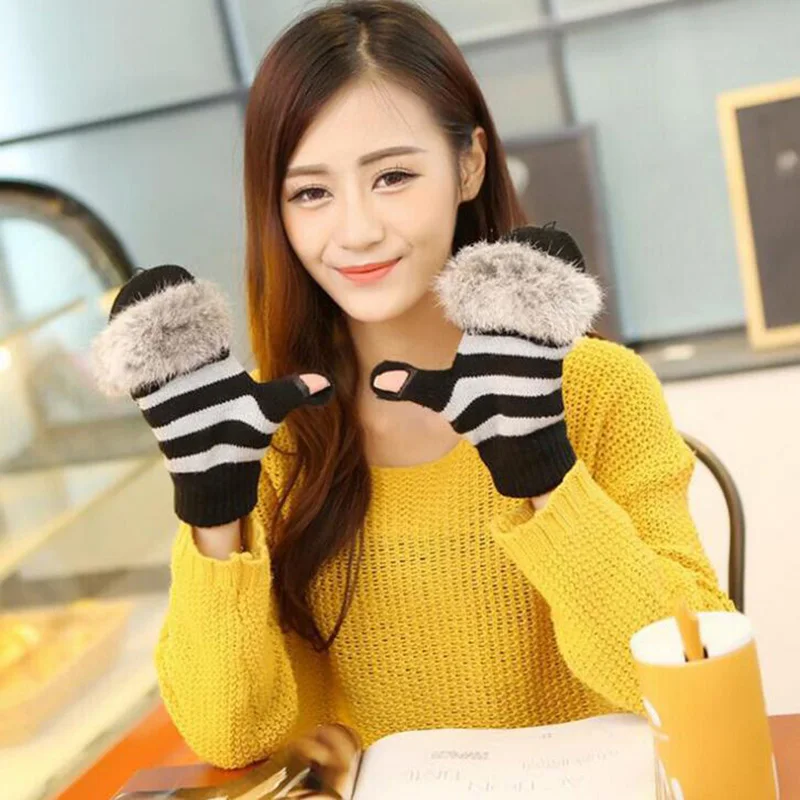 Women Wool Knitted Stripes Gloves Female Autumn Winter Half Finger Cute