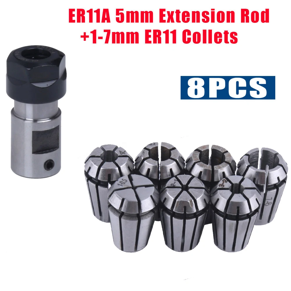 

1pc 5mm ER11A Extension Rod Motor Shaft Holder +7pcs ER11 Spring Collet Set 1/2/3/4/5/6/7mm For CNC Milling Tools