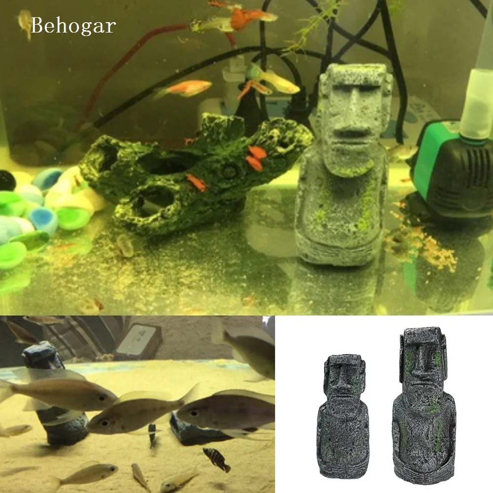 Behogar 2PCS Ancient Easter Island Head Statue Portrait Aquarium Fish