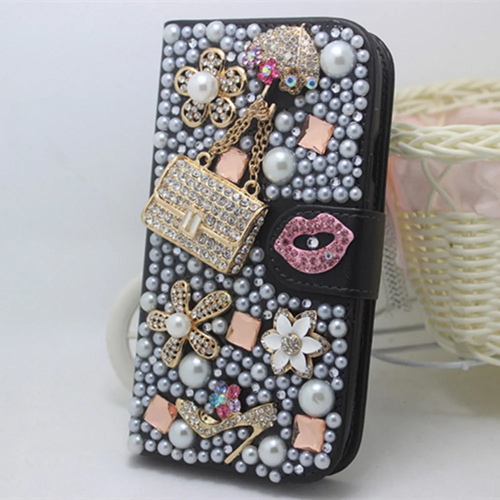 Чехол-книжка из искусственной кожи с украшением в виде кристаллов, бриллиантов и жемчужин, мини-сумочка для samsung Galaxy iPhone 7 Plus