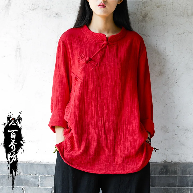 

Spring Summer Chinese Style 2018 Women New Spinning Original Retro Beautiful Women Long Sleeve Pullover Cotton Linen T-shirt