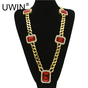 

UWIN Men hip hop Necklace Gold Silve Color 5pcs Square Red Gem Crystal 30" Lced Out Miami Cuban Link Necklace Rock Punk Jewelry