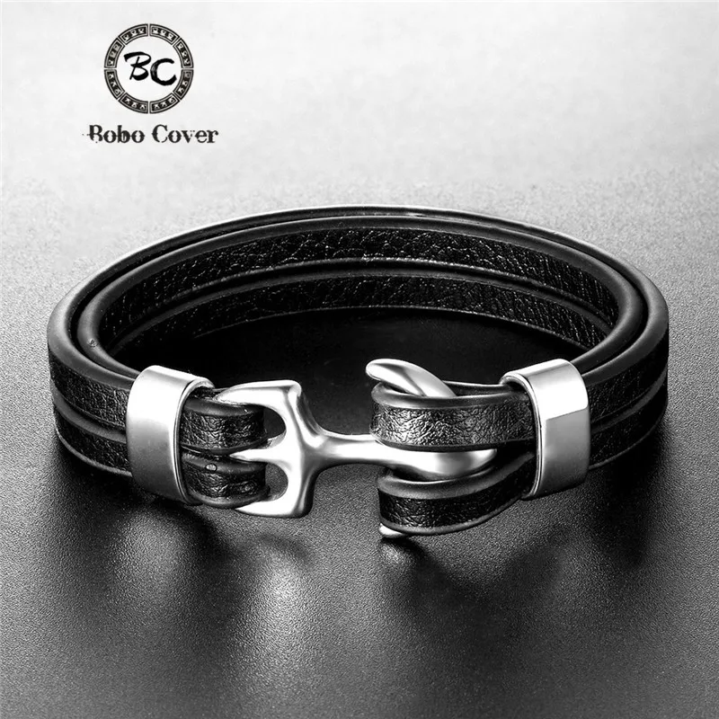 

2019 New Stainless Steel Multilayer Leather Bracelet Wristband Anchor Bracelet Punk Men Charm bracelets Jewelry Gift Pulseras
