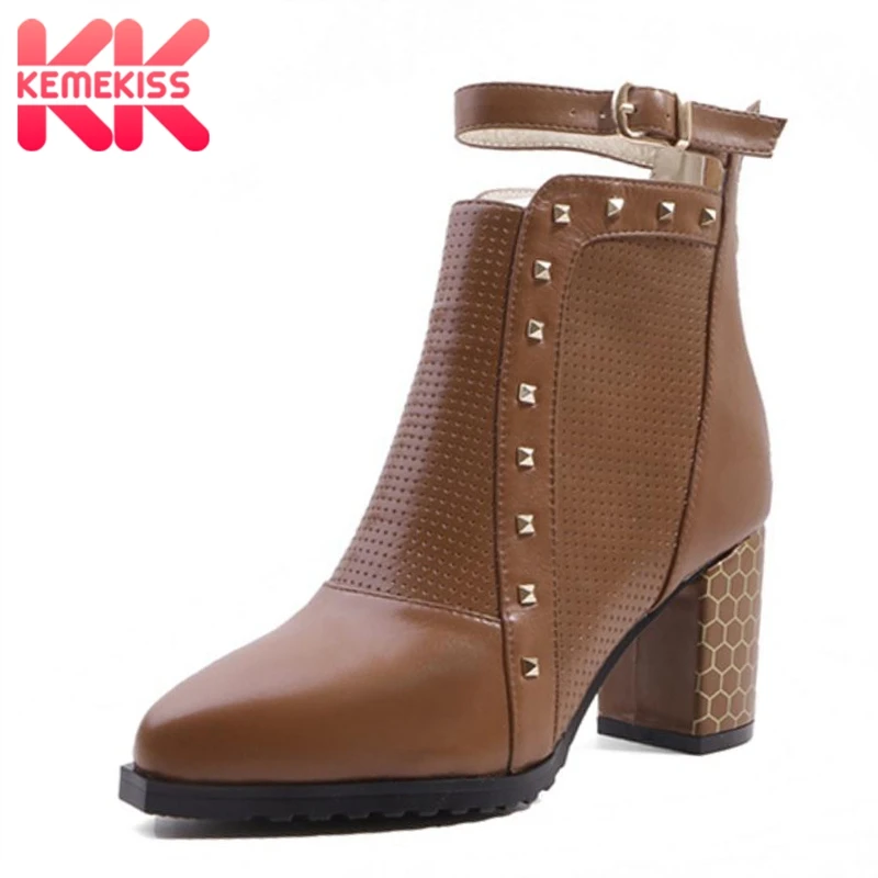 

KemeKiss Women Ankle Boots Genuine Leather Woman Shoes Rivets Metal Buckle Short Boots Fashion Sexy Winter Shoes Size 34-42