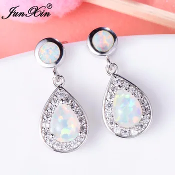 

JUNXIN Brand Long White Opal Earrings Water Drop Earring Silver Color Jewelry Vintage Wedding Earrings For Women