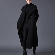 Зимнее женское Шерстяное Пальто с лацканами черного, темно-синего цвета, длинное, большой размер