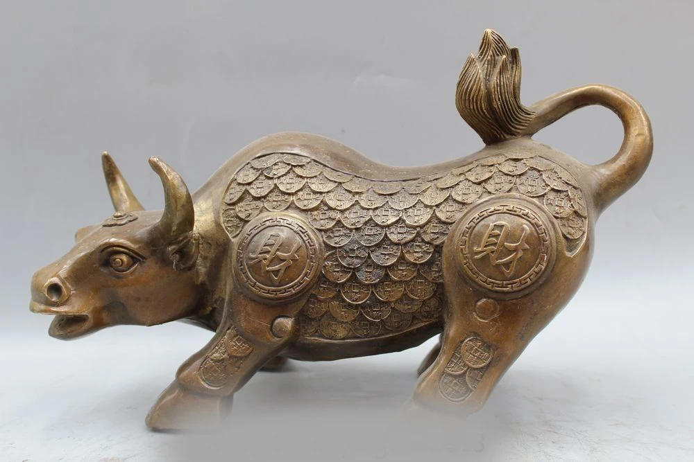 

12" Chinese Folk Fengshui Bronze Fu Wealth Money Year Bull Oxen Statue Sculpture