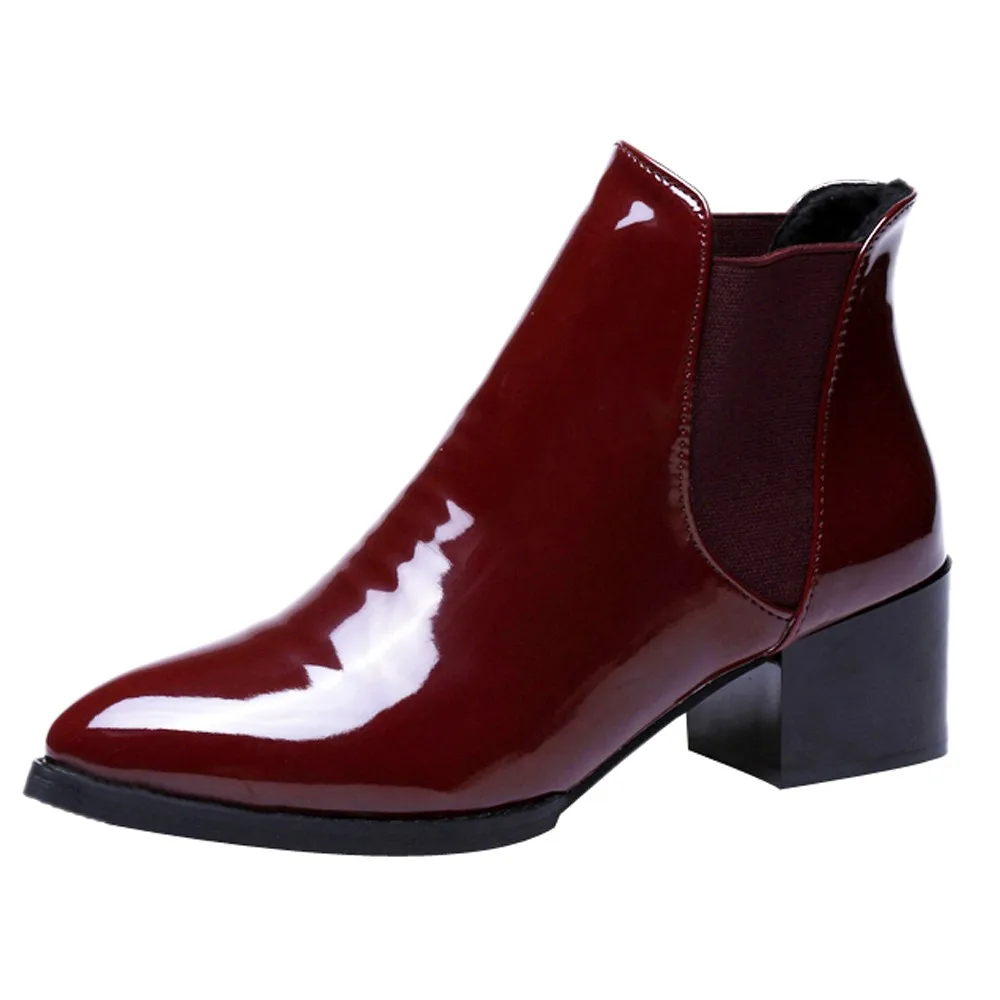 

Autumn Ankle Boots for Women Slip-On Elasticated Patent Leather Boots Square root Pointed Low Heel Boots Fashion Short Boots