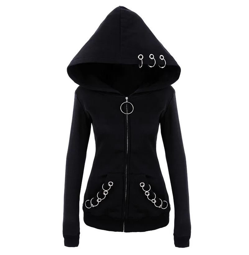 Women Hooded Hoodies Punk Iron Ring Printed Plus Size Sweatshirts Autumn Black Jacket Zipper Coat 2018 Fashion Hip Hop Tops