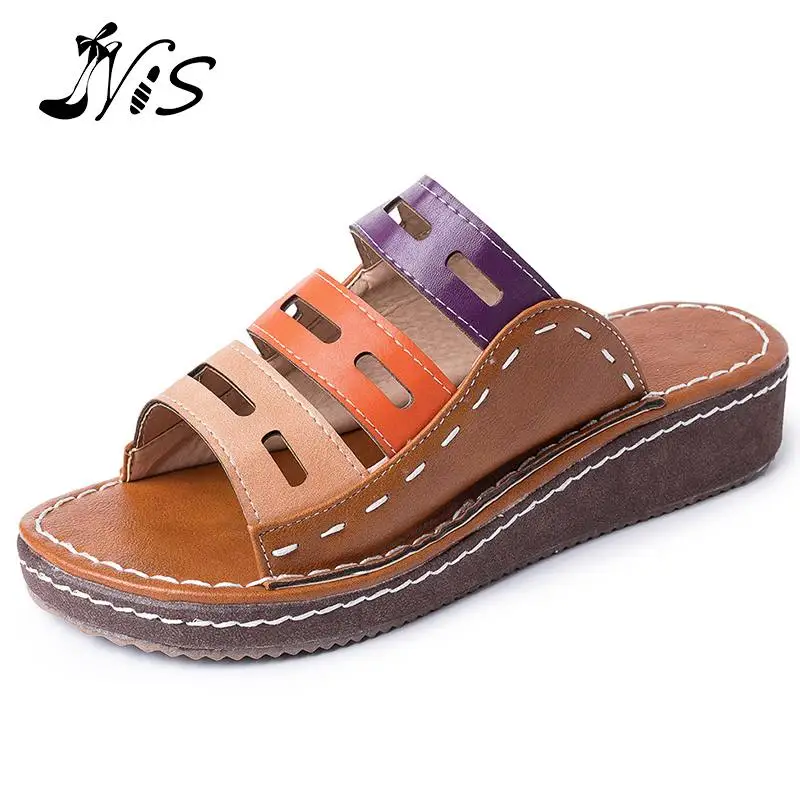 

NIS 2019Women Summer Sandals Comfy Splicing Hollow Shoes Large Size PU Leather slipper Comfy Flat Sole Ladies Casual beach shoes