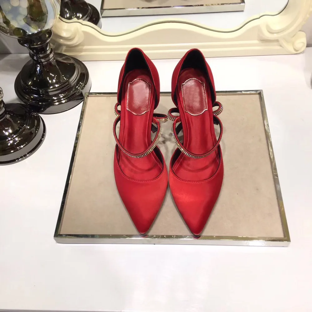 

Kmeioo Genuine Leather Shoes Woman Elegant Wedding Sandals Pointed Toe High Heels Jewel Pumps Cover Heel Sandals Evening Pumps