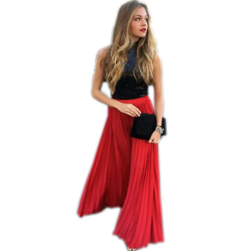 Fashion Pretty Red Pleated Skirt Zipper Waistline A Line Floor Length Full Chiffon Skirt Spring