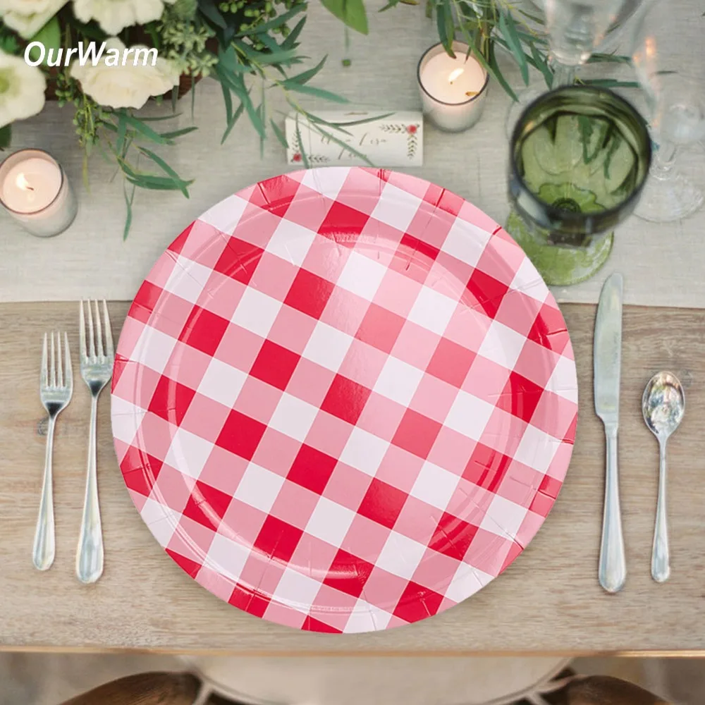 

OurWarm 8pcs Disposable Paper Plates Red and White Checkered Disposable Tableware Set Birthday Party Favors Plate Dishes