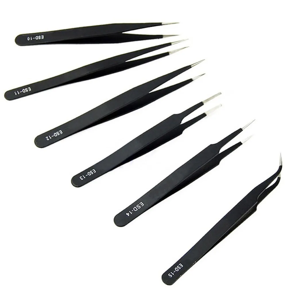 6Pcs Anti-static ESD Stainless Steel Tweezers Maintenance Tools Industrial Precision Curved Straight Tweezers Repair Tools PD