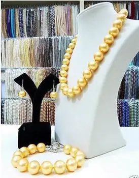 

fashion 12mm Yellow Shell Pearl Necklace Bracelet Earrings Set AAA