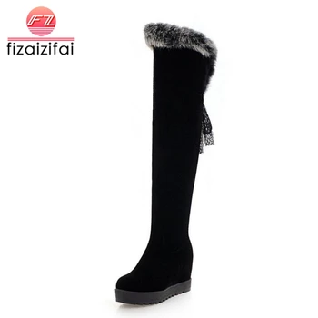 

Coolcept Women Over Knee Boots Winter Plush Fur Warm Shoes Woman Thick Sole Inside Heels Boots Zipper Bowtie Shoes Size 34-42