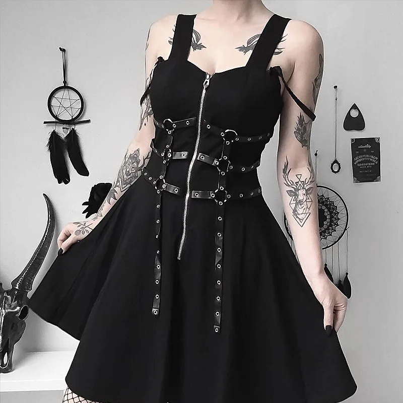 

Gothic women's dress eyelet web zipper harajuku black mini dresses grunge Summer 2019 sleeveless backless a-line sexy punk rock