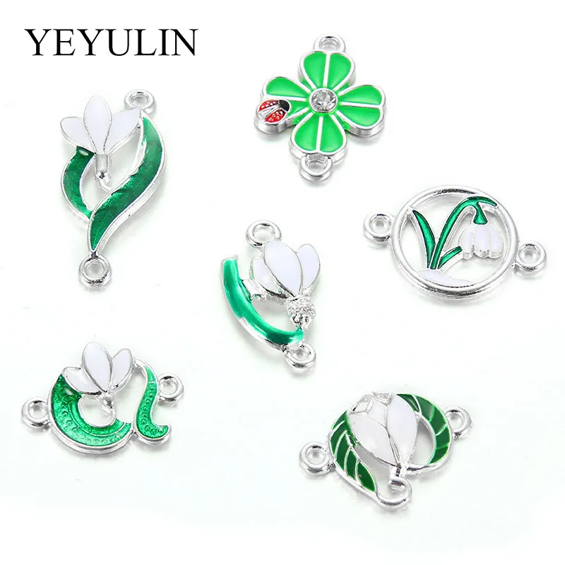 

10 Pcs Mixed Random Style Green Plant Flower Alloy Enamel Charm Connectors For Necklace Bracelet DIY Jewelry Making