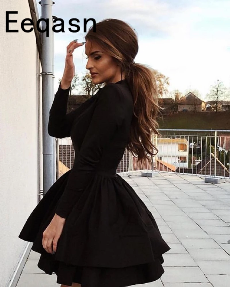 Elegant Black Long Sleeve Short Cocktail Dresses Tiered Satin A-line Party  Plus Size Homecoming Dresses Formal Gowns - Cocktail Dresses - AliExpress