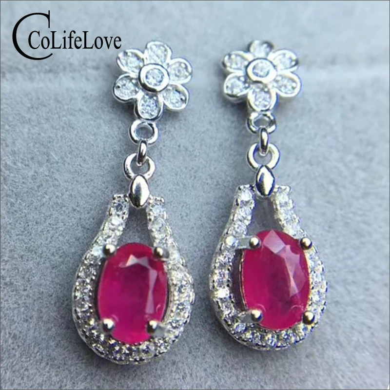 

Elegant 925 silver ruby drop earrings for weddings 4 mm * 6 mm I grade ruby silver ruby earrings solid 925 sliver ruby jewelry