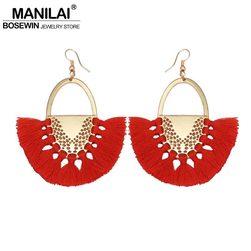 MANILAI Bohemia Handmade Tassels Earrings For Women Cotton Thread Alloy Statement Fringe Dangle Earrings Ethnic Jewelry