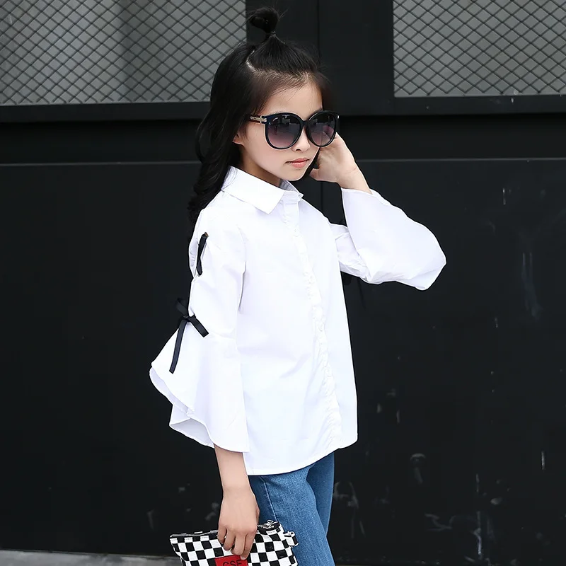 

White School Girls Flare Sleeves Blouse Teen Children Clothing Autumn Long Sleeve Baby Girls Casual Child Kids Shirt