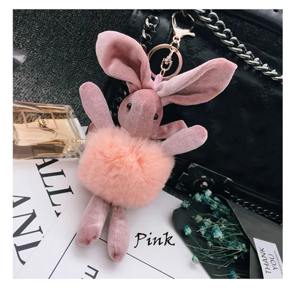 Милый брелок с пушистым кроликом, подвеска из кроличьего меха, брелок-помпон, меховой помпон, брелок для ключей, сумка, подвеска для автомобиля, брелок - Цвет: Розовый