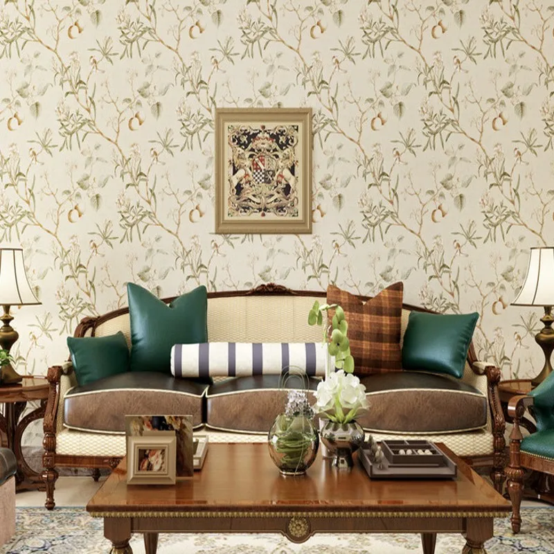 

American style wallpaper retro old apple tree bird wallpaper bedroom living room background decoration