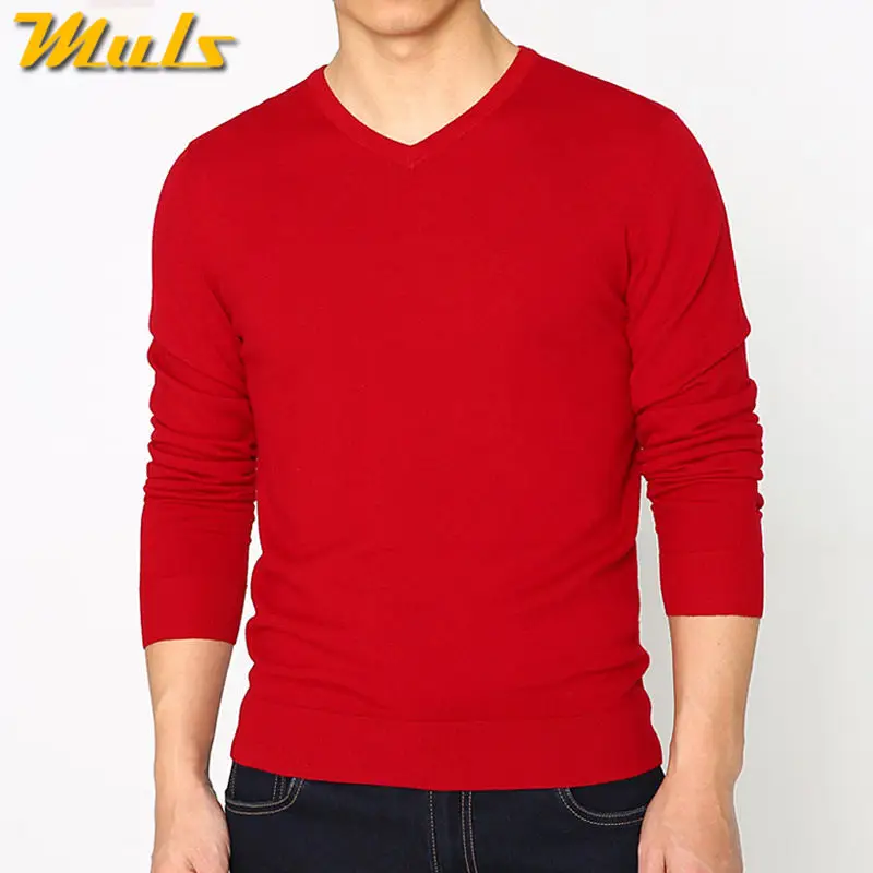 Шерстяные свитера, мужские пуловеры, мериносовая шерсть, свитера, мужские зимние теплые свитера с v-образным вырезом, мужские вязаные свитера на осень и весну размера плюс 4XL - Цвет: Red